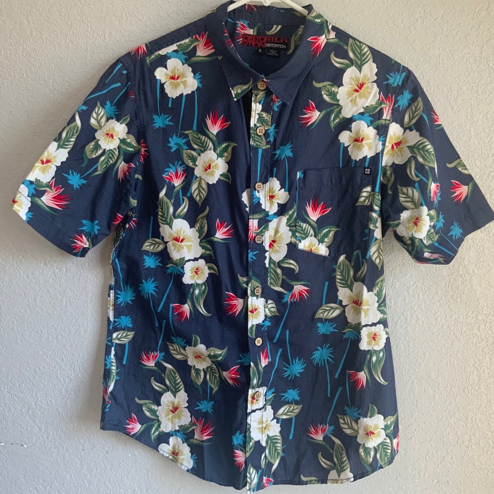Distortion Mens Small Navy Blue Tropical Floral Cotton Button Down Shirt S
